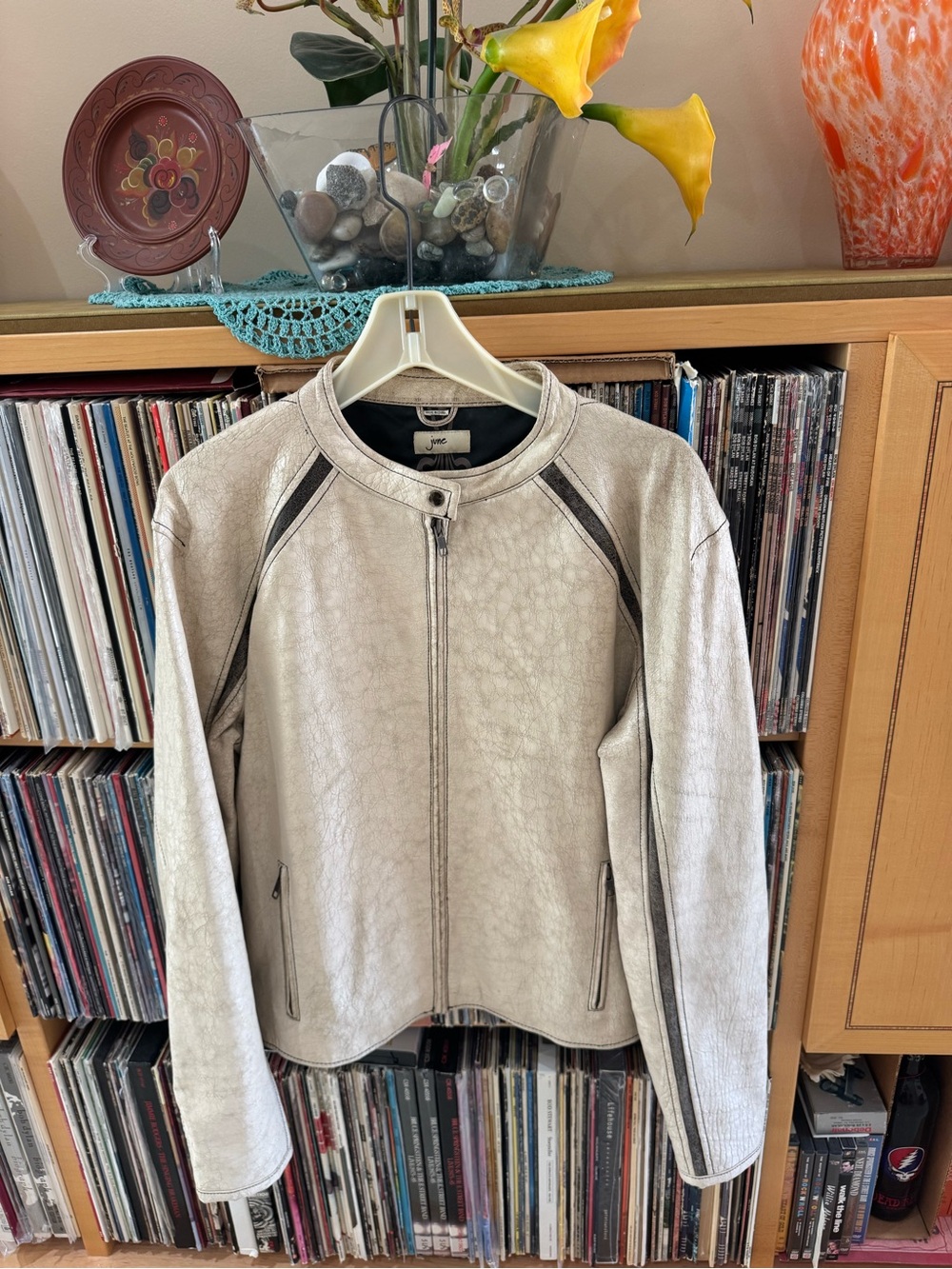 PRICE DROP: Lt. sand and deep brown,M, lined, textured leather bomber by JUNE